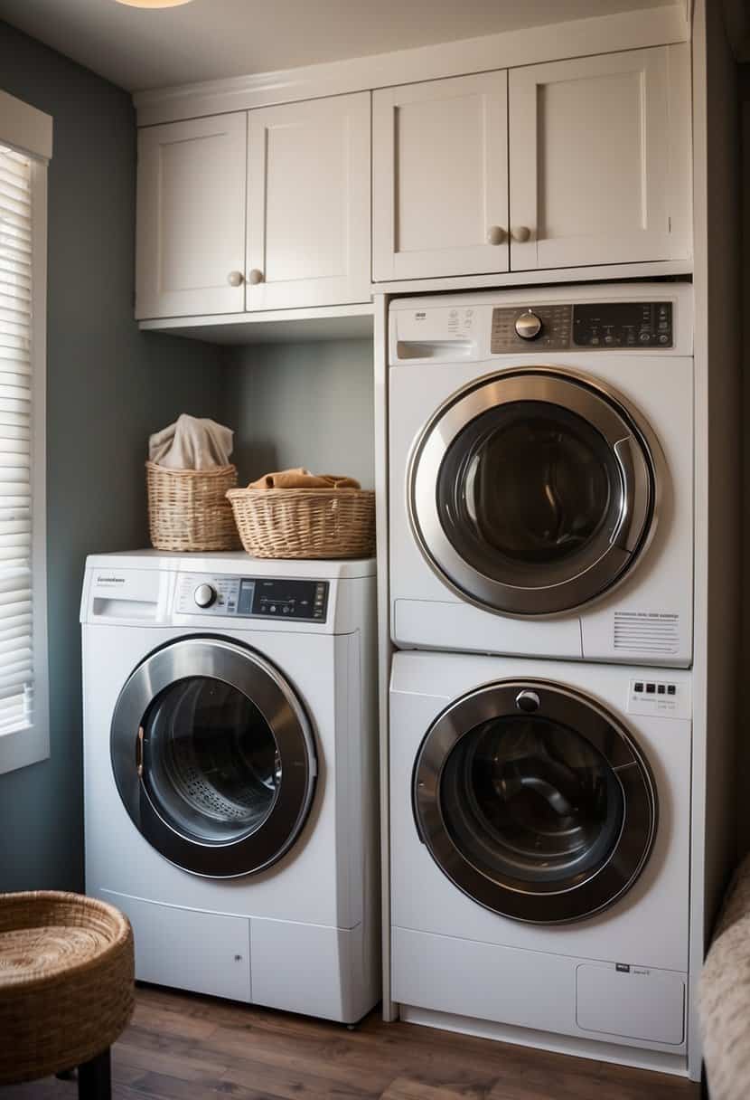 A stackable washer and dryer sit neatly in a small studio apartment, tucked away in a corner to maximize space
