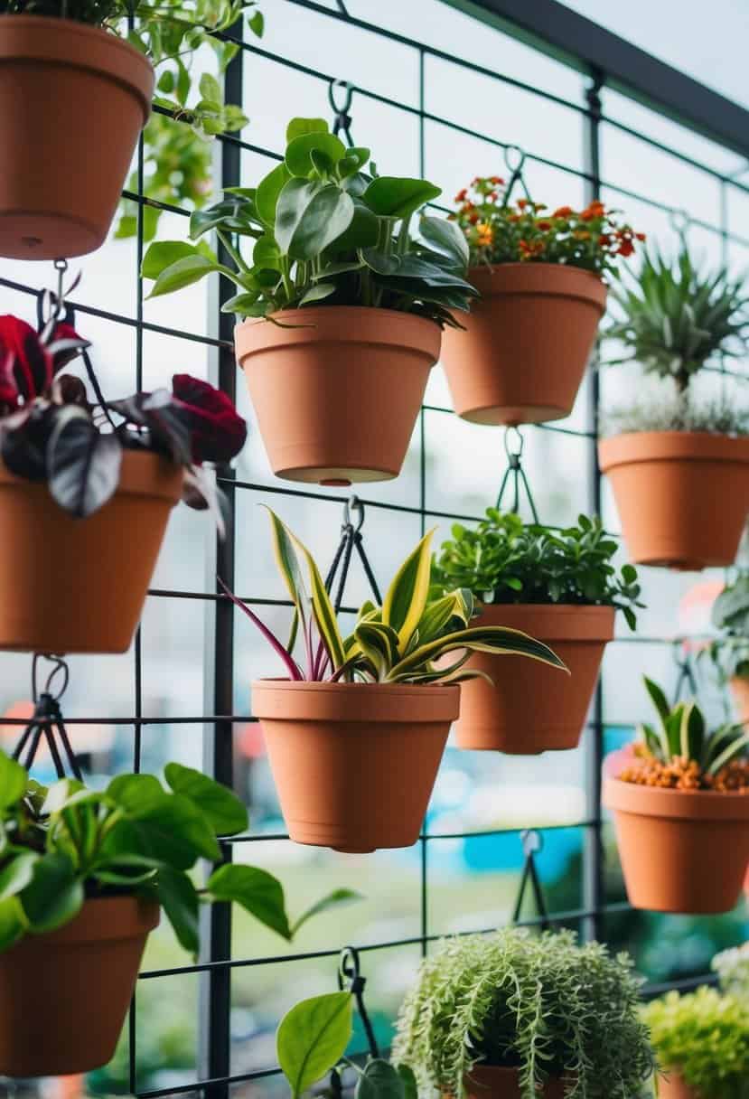 Hang small pots or containers from the grid. Mix and match different plants to create an eye-catching display