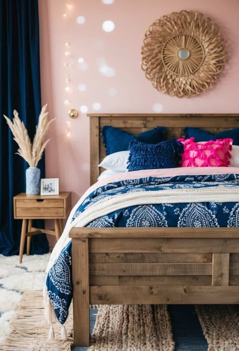 20 Cozy Navy Blue and Pink Bohemian Decor Ideas for Bedroom - Apartment ...