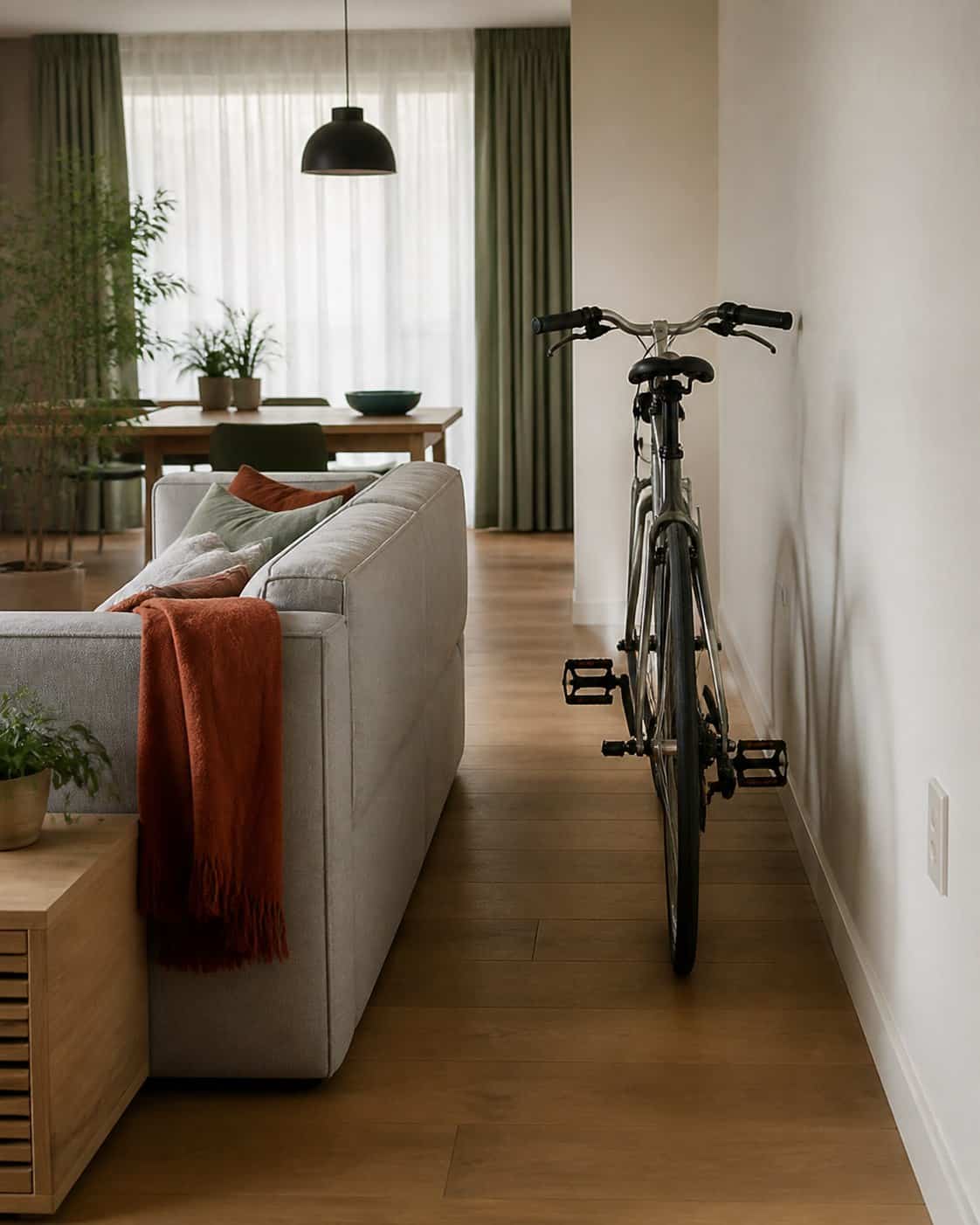 Bicycle stored upright in the clear space behind an apartment sofa