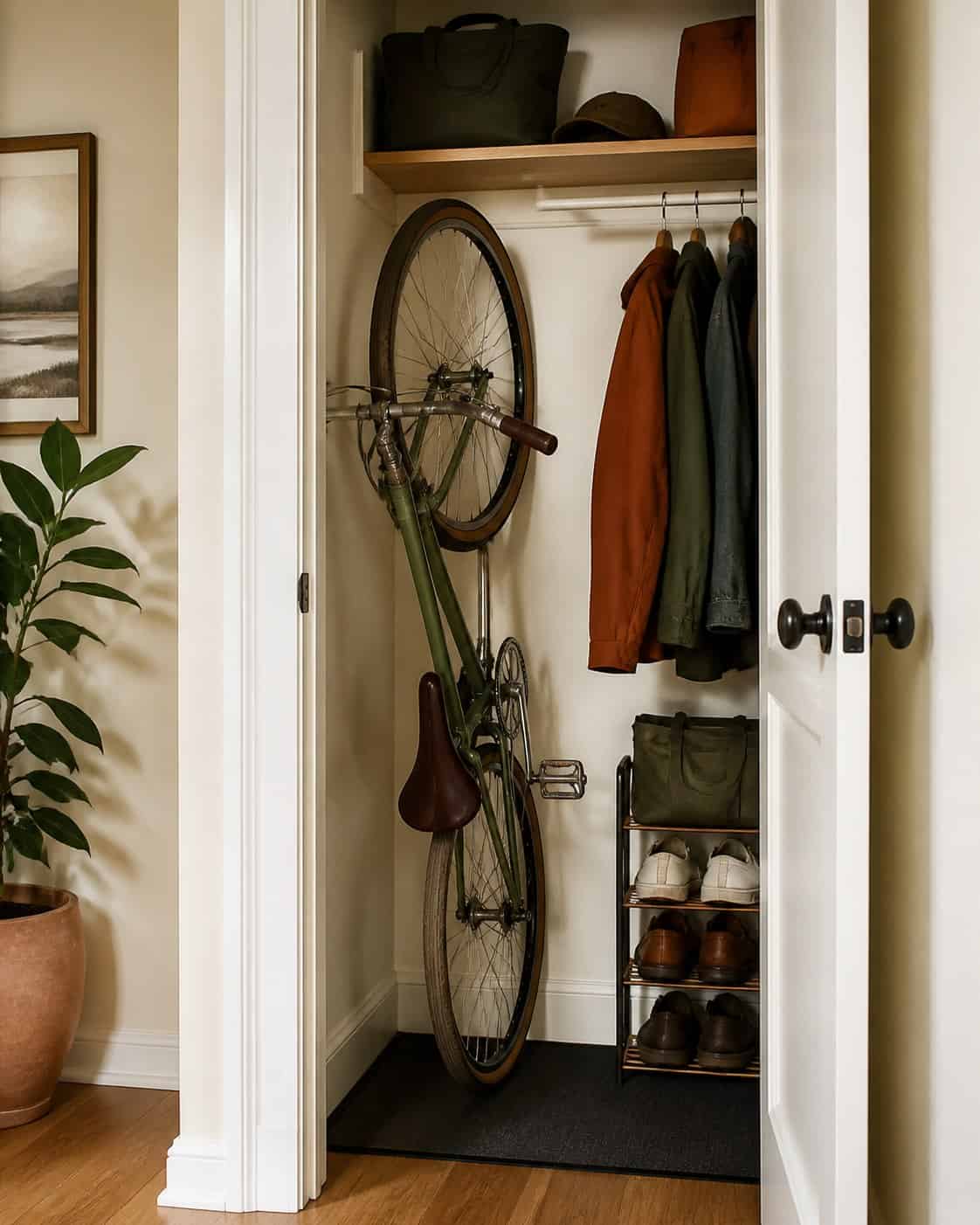 Bicycle stored upright inside an organized apartment coat closet