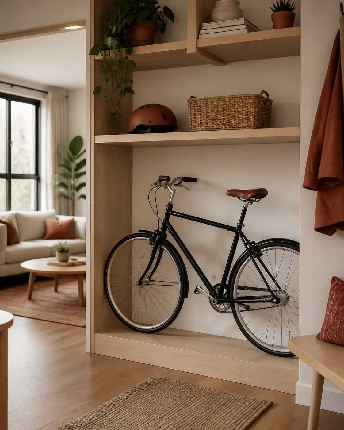 Bicycle stored in an intact open bay within apartment shelving