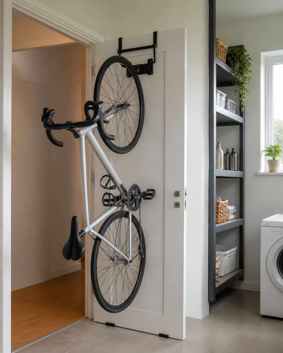 Lightweight bicycle held by a purpose-built rack on a rarely used interior door