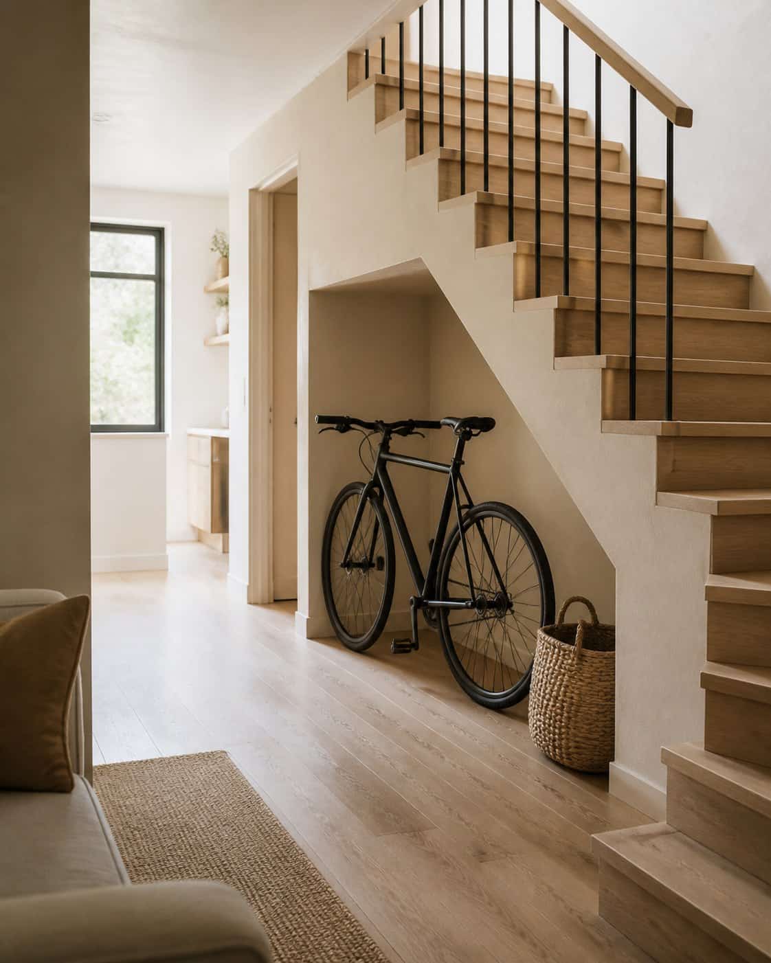 Bicycle rolled into a clear open alcove beneath apartment stairs