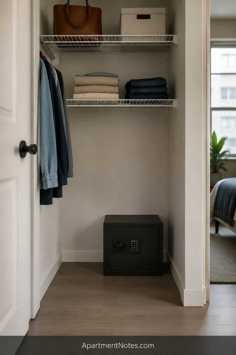 Vertical 2:3 Pinterest editorial photograph of a compact safe resting discreetly on the floor of a tidy apartment closet, visible clear floor around it, shelving above and no installation details implied, no text, no...
