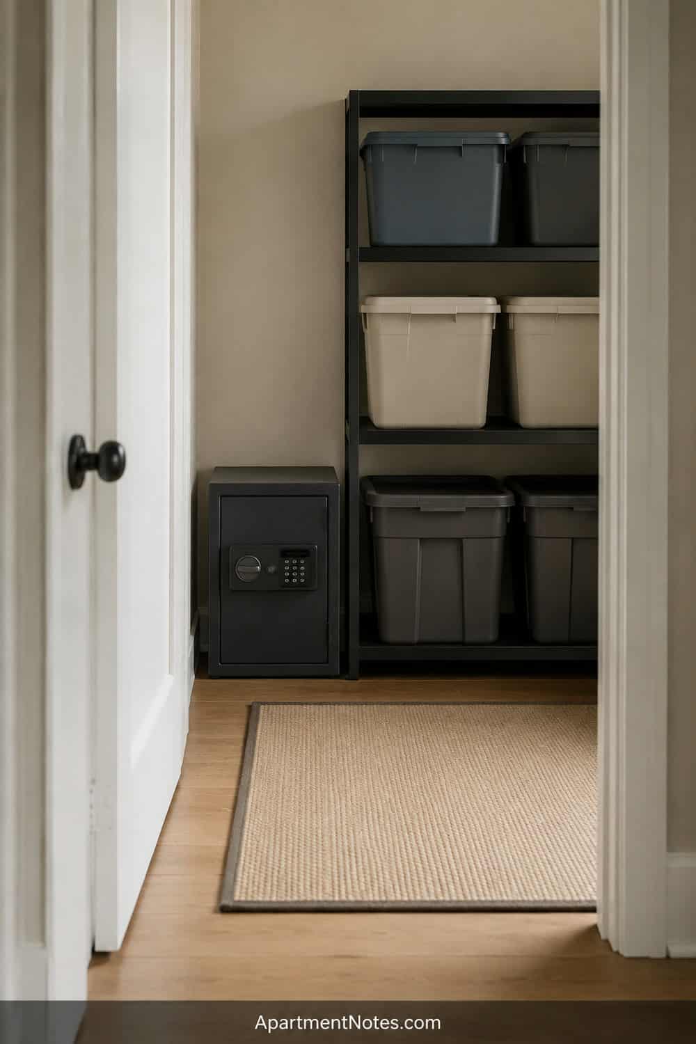 Vertical 2:3 Pinterest editorial photograph of a compact safe in a clean interior storage room beside labeled household bins, clear doorway and no visible pipes or electrical panels, no text, no people