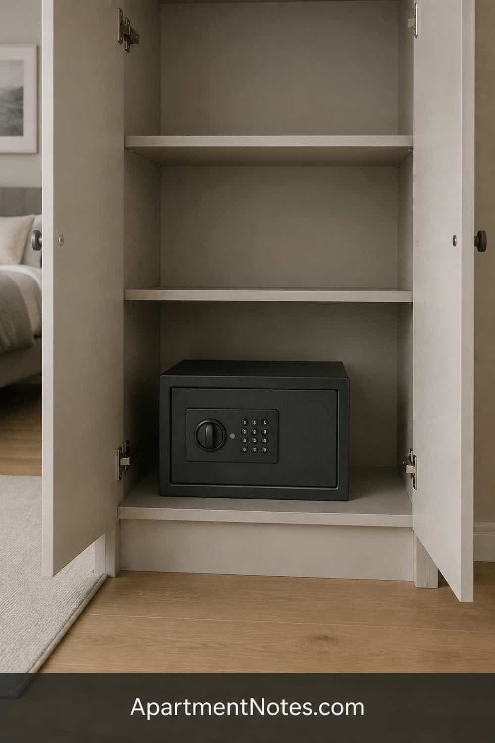 Vertical 2:3 Pinterest editorial photograph of a small safe placed inside a sturdy-looking interior cabinet on its bottom shelf, cabinet doors open, uncluttered home setting, no text, no people