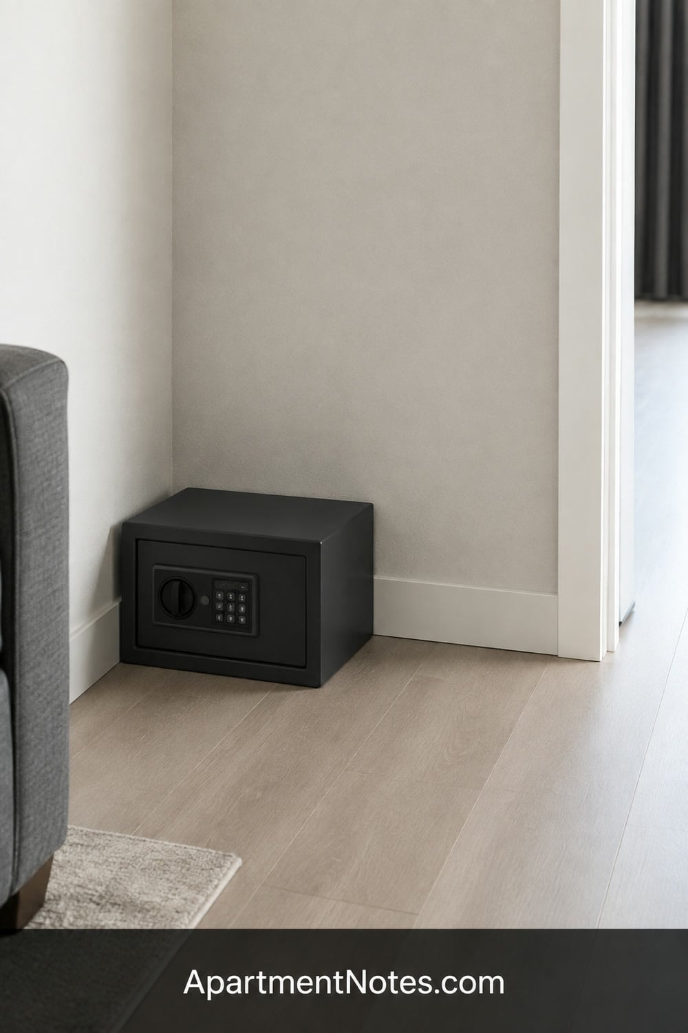 Vertical 2:3 Pinterest editorial photograph of a compact safe in a low interior corner on a level floor, simple wall and clear access path, realistic apartment scale, no text, no people