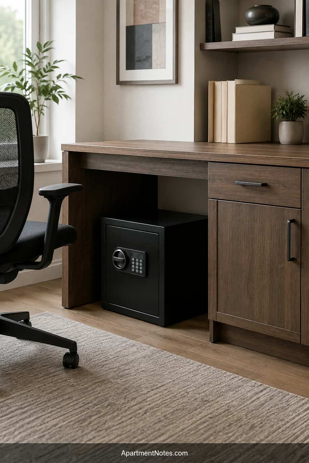 Vertical 2:3 Pinterest editorial photograph of a home-office storage zone with a compact safe beneath a sturdy desk-side cabinet, organized files nearby and clear leg room, no text, no people