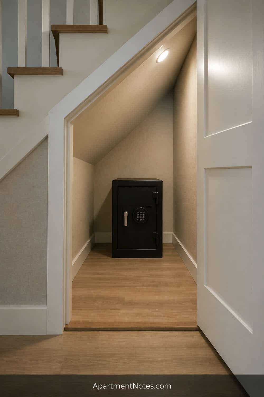 Vertical 2:3 Pinterest editorial photograph of a clean under-stair storage compartment in an apartment building, a compact safe set back with clear access and no visible utilities, no text, no people