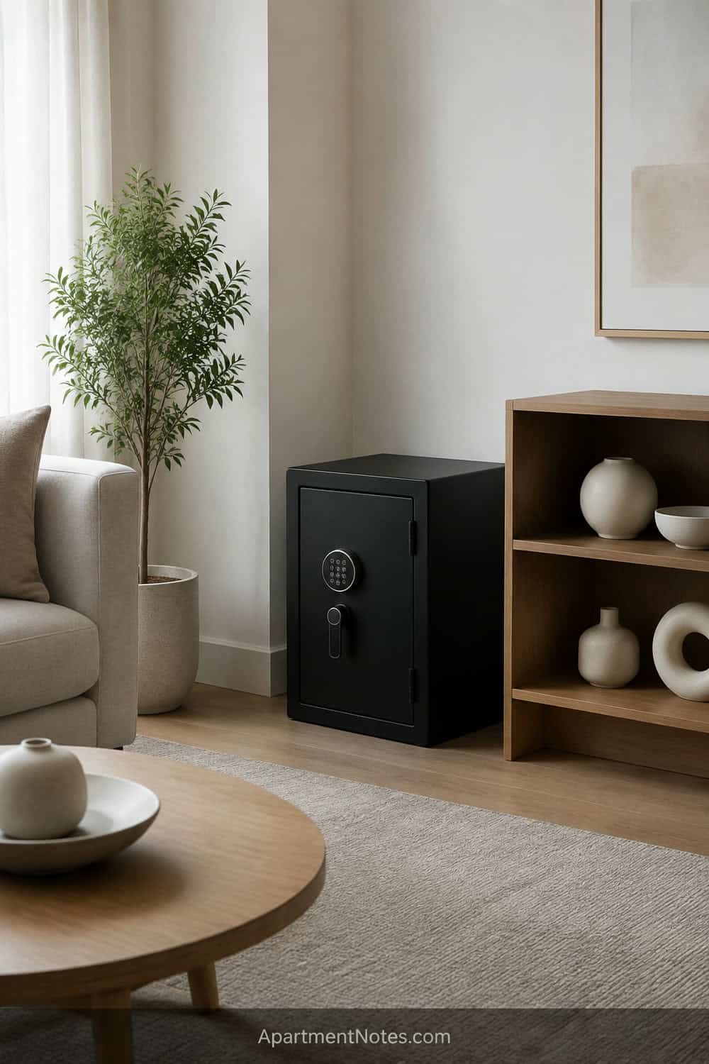 Vertical 2:3 Pinterest editorial photograph of a compact freestanding safe in a discreet living-room corner beside a low bookcase, level floor and uncluttered surroundings, no text, no people