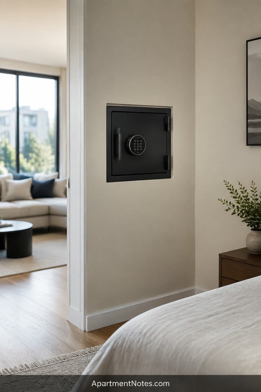 Vertical 2:3 Pinterest editorial photograph of a small wall safe set into an interior wall niche in a minimal apartment, closed door, clear surrounding wall and no tools shown, no text, no people