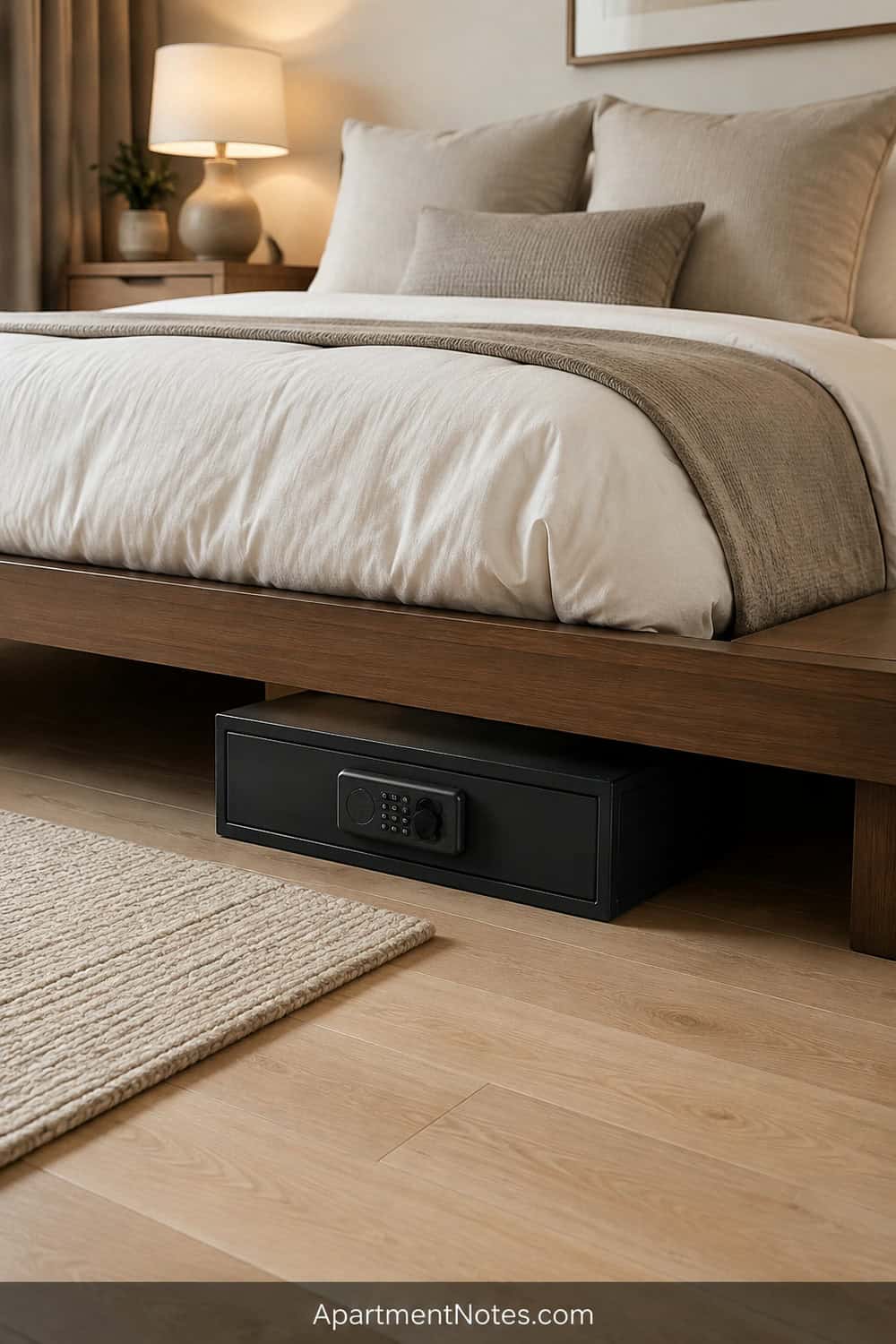 Vertical 2:3 Pinterest editorial photograph of a low-profile safe designed to slide beneath a platform bed, partly visible with ample under-bed clearance and tidy bedroom floor, no text, no people