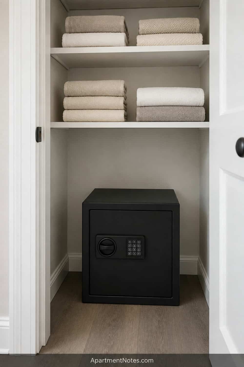 Vertical 2:3 Pinterest editorial photograph of a compact safe on a dry linen-closet floor, folded towels on shelves above and clear air space around it, no text, no people