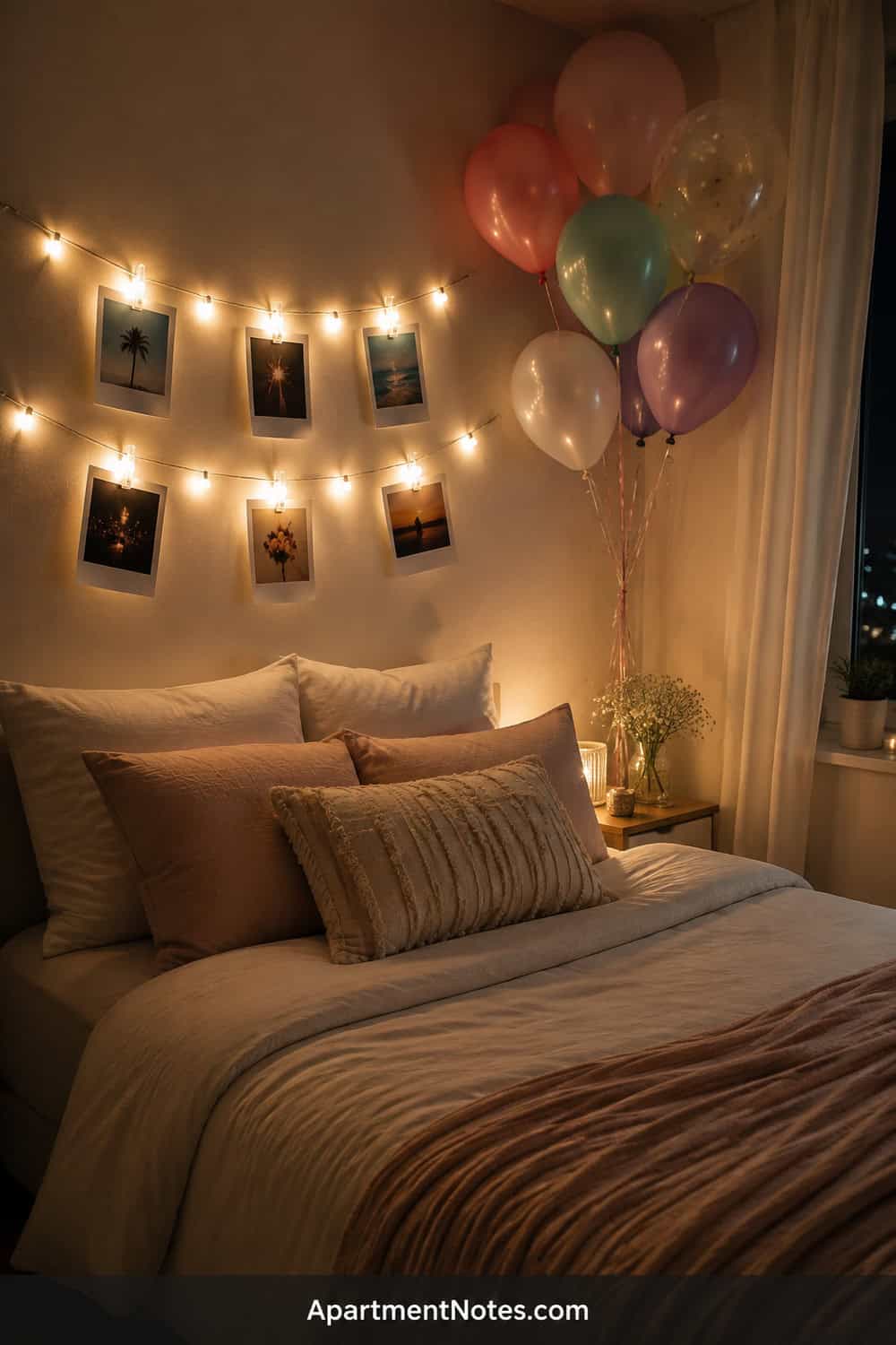 Pinterest editorial small-bedroom birthday setup, warm micro string lights clipped to six unbranded printed photos above a neatly made bed, pastel balloons gathered in one corner, cozy evening glow, vertical 2:3, no r...