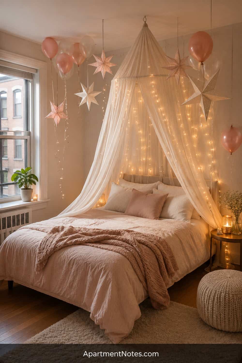 Pinterest editorial birthday bedroom, sheer ivory fabric draped loosely from a ceiling hook over the bed, paper stars and a few blush balloons, soft warm fairy lights in the background, elegant small-space celebration...
