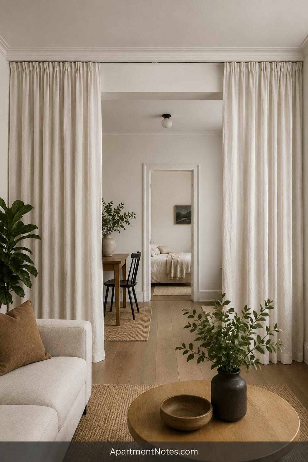 Vertical 2:3 Pinterest editorial photograph of a rented living room with a slim ceiling-mounted curtain track and full-height linen curtains, wide clear doorway and neat ceiling detail, no text, no people