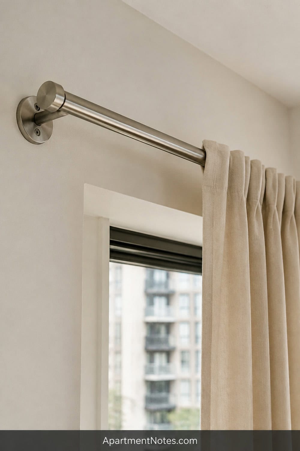 Vertical 2:3 Pinterest editorial photograph close-up of approved curtain brackets secured above an apartment window, straight rod, lined curtain panel and clean wall finish, no text, no people