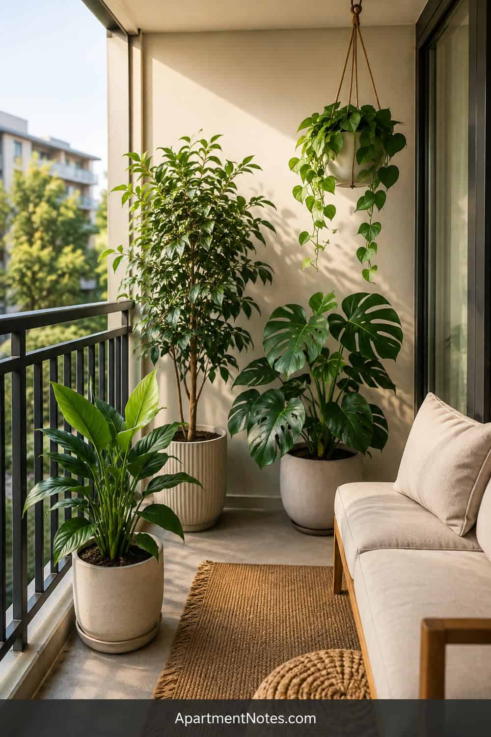 Vertical 2:3 Pinterest editorial photograph of a small renter balcony with three different leafy houseplants in floor pots and one simple hanging planter, soft morning light, rail visible, tidy neutral seating, realis...
