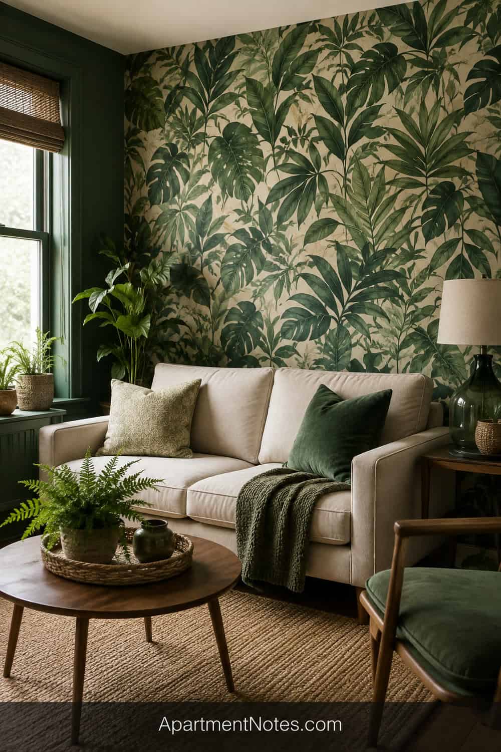 Vertical 2:3 Pinterest editorial image for small emerald green living room decor ideas: a composition centered on jungle print wallpaper; show a safe styling layout with no drilling, mounting, or load-bearing action....