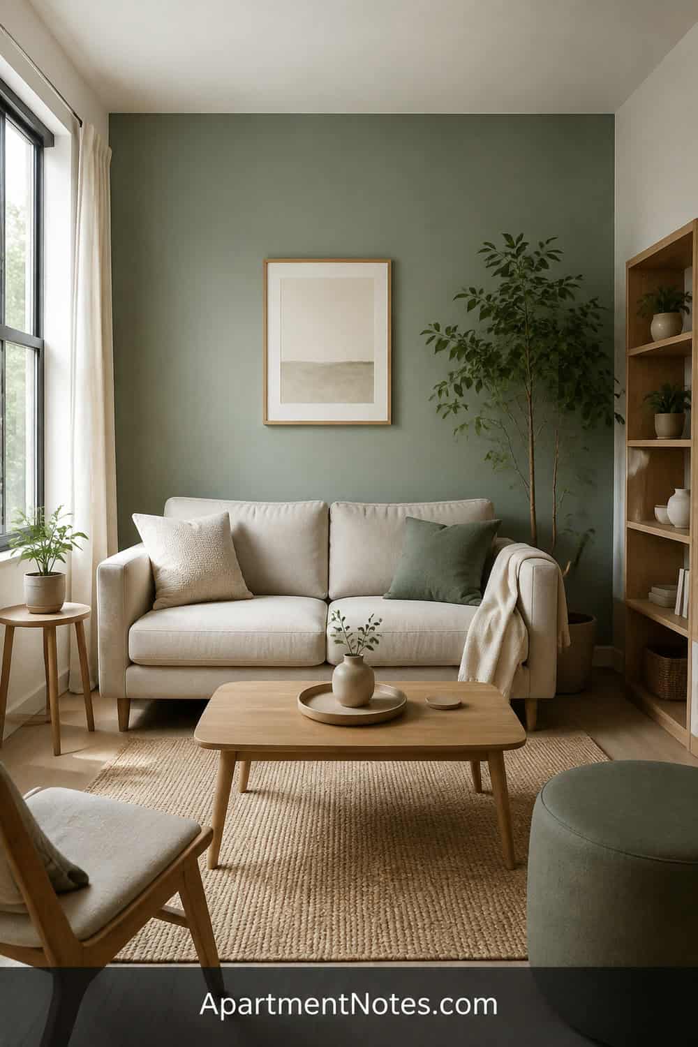 Vertical 2:3 Pinterest editorial image for small emerald green living room decor ideas: a composition centered on light emerald green accent wall; show a safe styling layout with no drilling, mounting, or load-bearing...