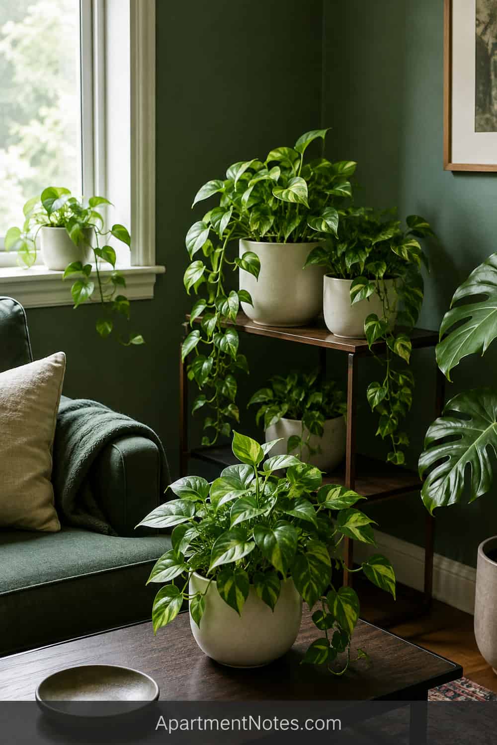 Vertical 2:3 Pinterest editorial image for small emerald green living room decor ideas: a composition centered on live pothos plants; show a fully contained, dry, supervised pet-safe setup with no exposed edge or dang...