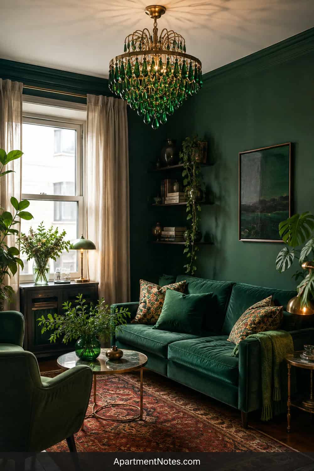 Vertical 2:3 Pinterest editorial image for small emerald green living room decor ideas: a composition centered on emerald crystal chandelier; show a safe styling layout with no drilling, mounting, or load-bearing acti...
