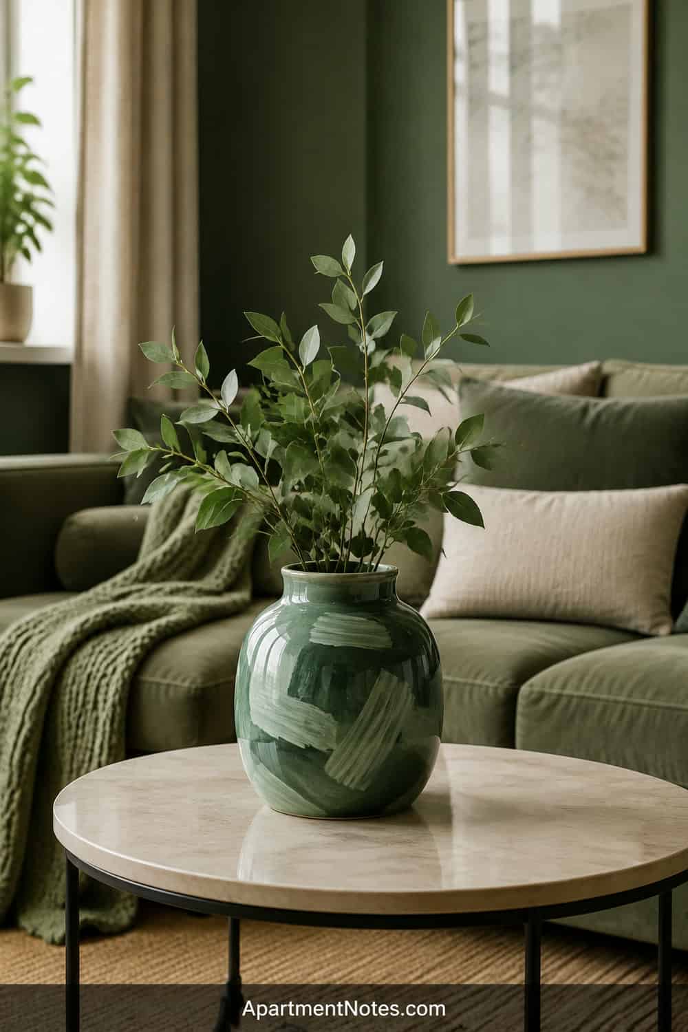Vertical 2:3 Pinterest editorial image for small emerald green living room decor ideas: a composition centered on hand-painted green vase; use neutral, non-sacred styling with no cultural symbols, healing claims, smok...