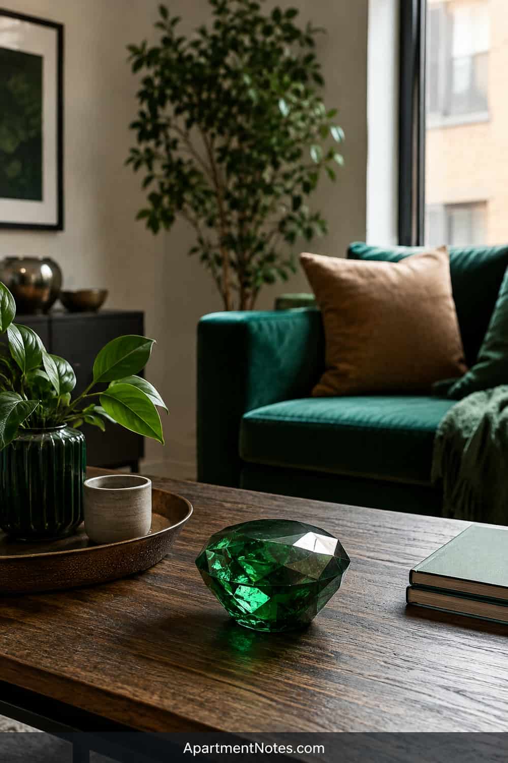 Vertical 2:3 Pinterest editorial image for small emerald green living room decor ideas: a composition centered on emerald gem table accent; use neutral, non-sacred styling with no cultural symbols, healing claims, smo...