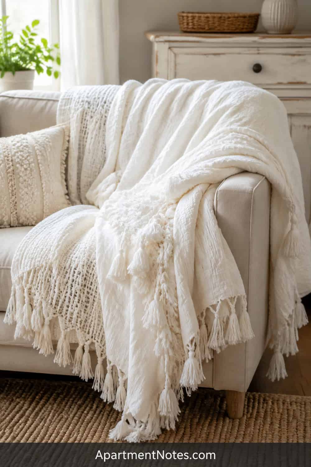 Editorial photo of white tasseled throw blankets layered on a small neutral sofa