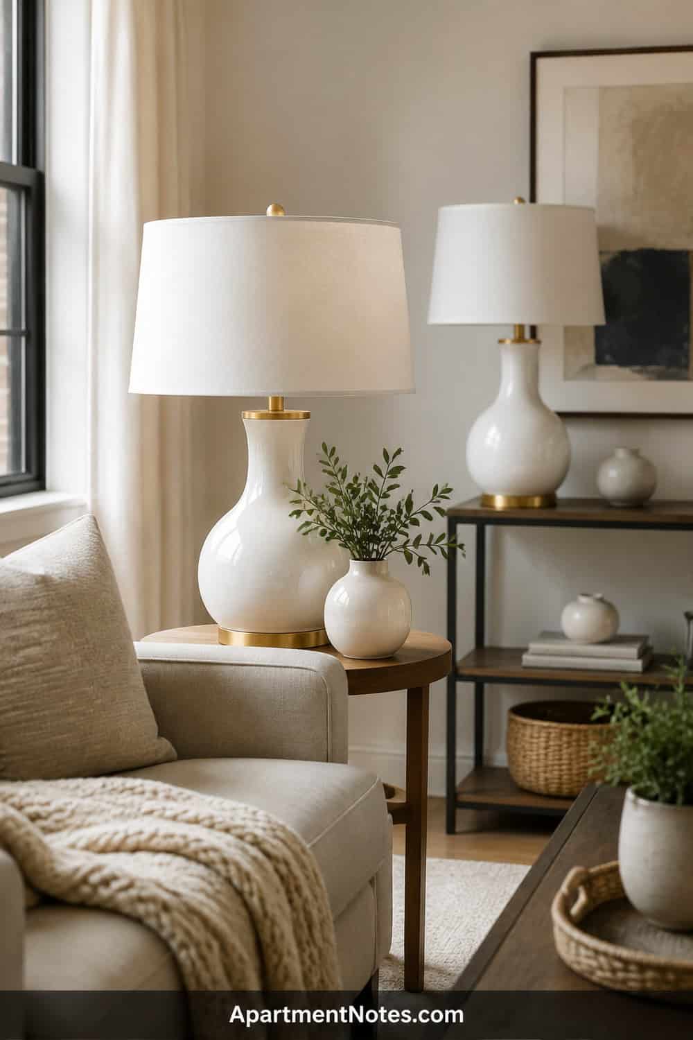 Editorial photo of white ceramic table lamps with subtle gold accents in a small living room