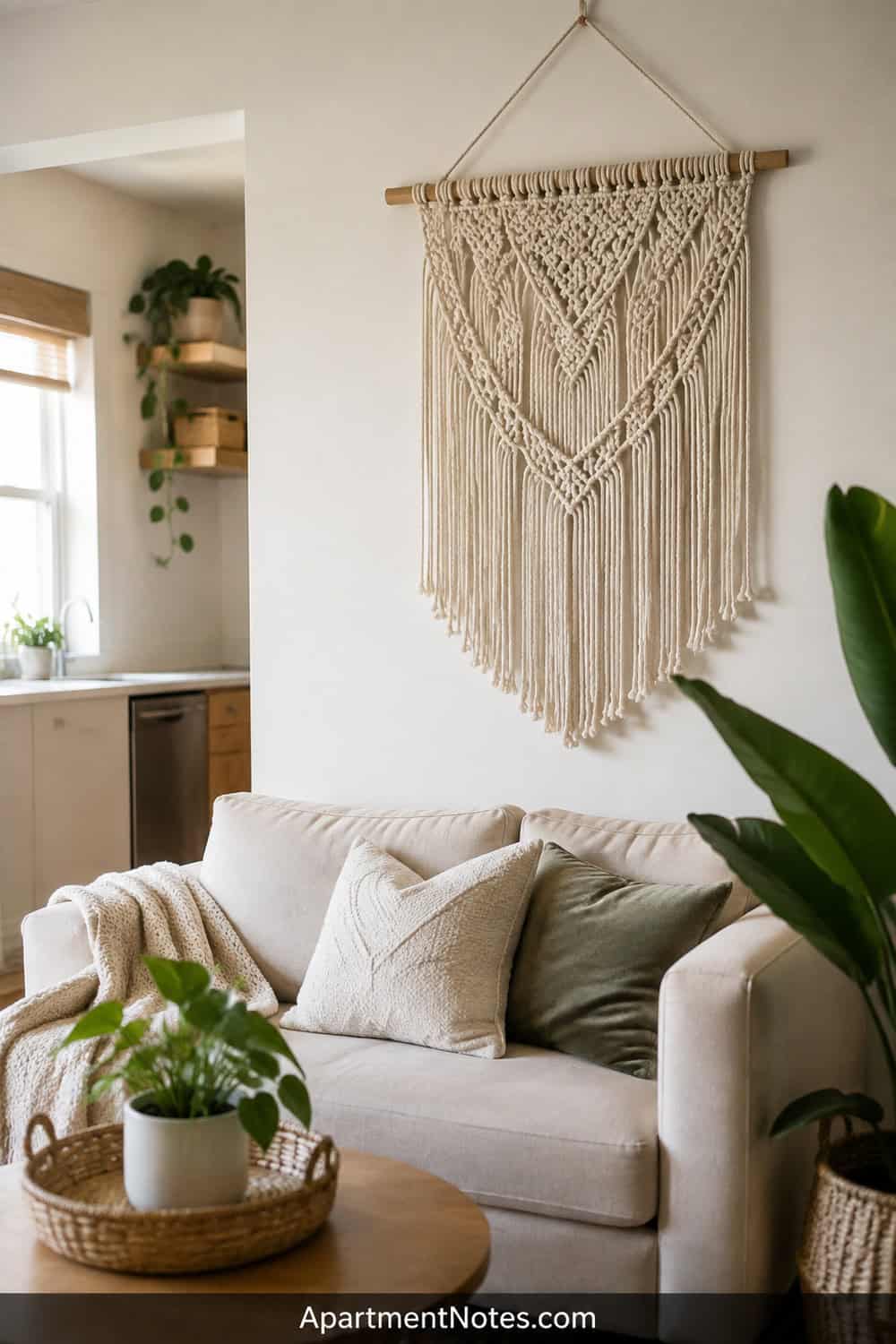 Editorial photo of a white macrame wall hanging in a bright compact living room