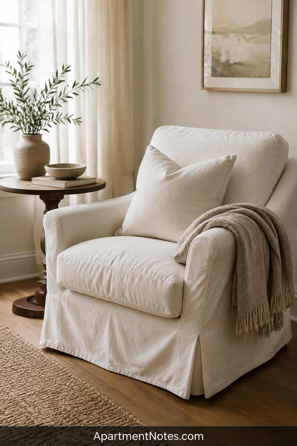 Editorial photo of an off-white slipcovered armchair beside a small side table