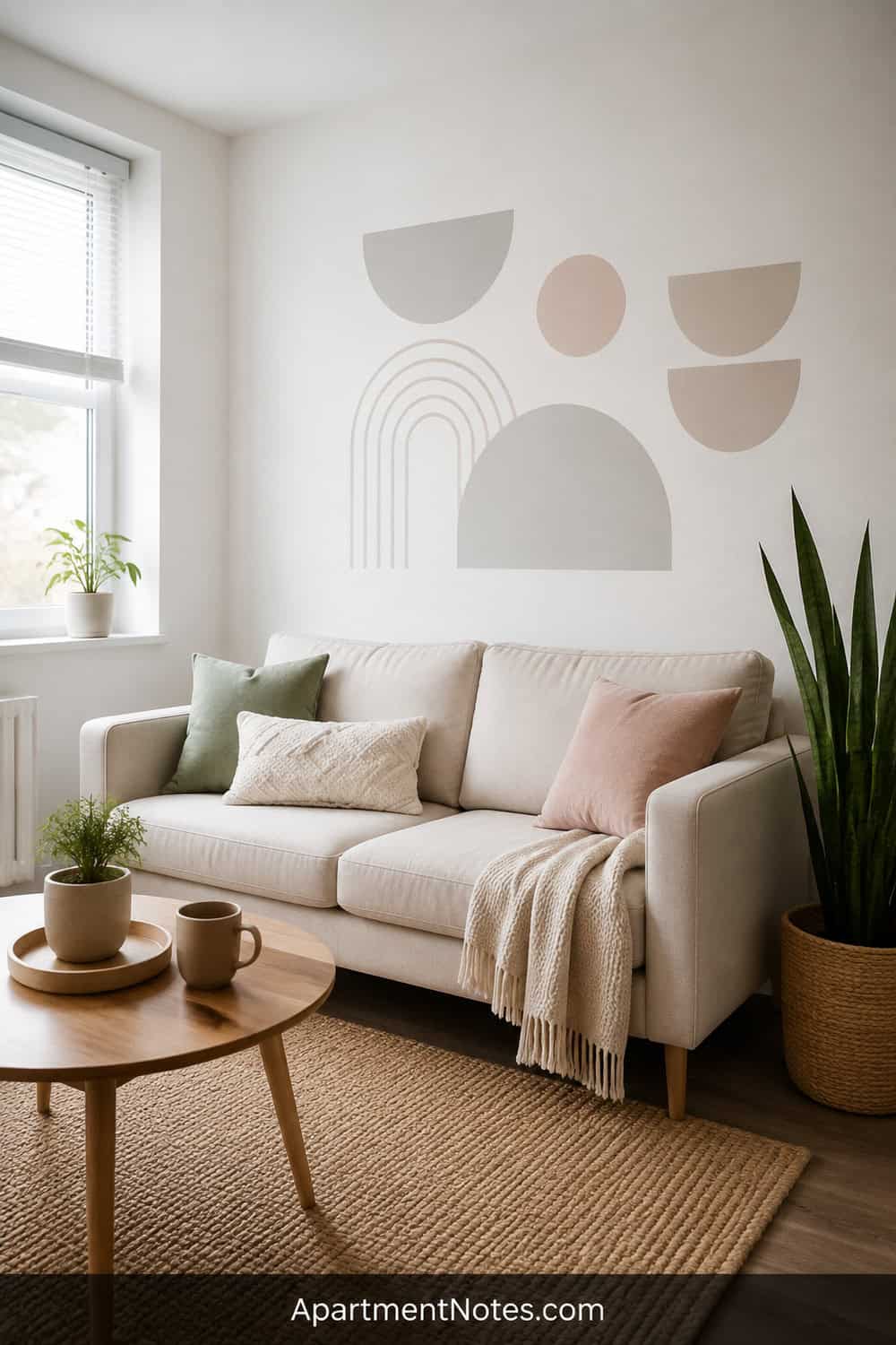 Editorial photo of subtle geometric wall decals in a white small living room
