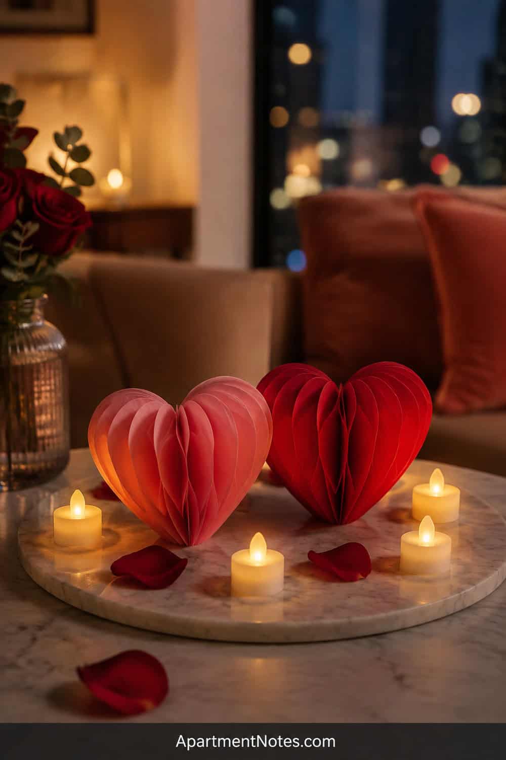 Pinterest editorial coffee-table centerpiece, two small freestanding paper heart lanterns in rose and red, surrounded by tea lights and a few petals on a marble tray, intimate apartment evening, vertical 2:3, no Chine...